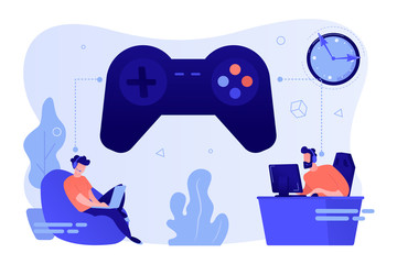 Tiny people gamers playing online video game, huge joystick and clock. Gaming disorder, video gaming addiction, decreased attention span concept. Pinkish coral bluevector isolated illustration