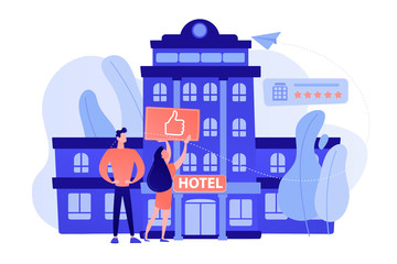 Business people with thumb up for modern trendy lifestyle hotel. Lifestyle hotel, modern hospitality trend, cutting-edge hotel concept. Pinkish coral bluevector isolated illustration - obrazy, fototapety, plakaty