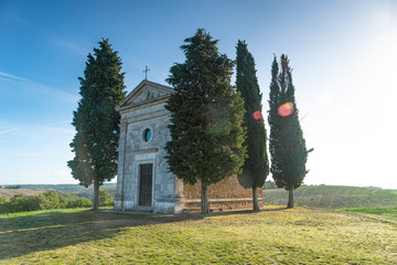 Cappella di Vitaleta with cypresses in Tuscany, Italy.