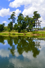 Obraz premium The lake in Feofania park, sunny summer landscape in Kyiv, Ukraine on July 15, 2018. 