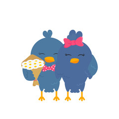 Vector Flat Illustration of Couple of Lovebirds with Bouquet of Chamomiles isolated on White Background. Concept Design with Doves for Valentine's Day Usable for Greeting Card, Banner, Invitation