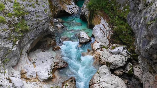 Aerial View Over The Surface Of A Mountain River Soca .camera move forward