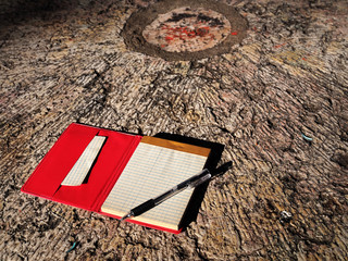 red notebook and pen on a stone table