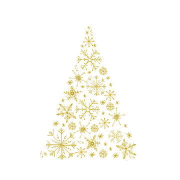 Hand painted Christmas golden snowflakes template. Decorative Christmas tree shape Snowflakes in modern flat style isolated on white background. Perfect for card, invitation, logo design, etc.
