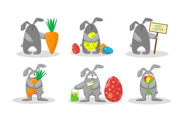 Obraz premium cartoon Easter bunnies with decorated egg, flowers, carrots, plate with inscription Happy Easter. Vector isolated set