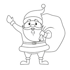 Santa claus with Christmas gifts bag. Black and white vector illustration for coloring book