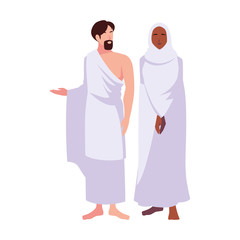 couple of people pilgrims hajj standing on white background