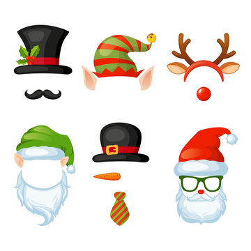 Merry Christmas and Happy New Year. Xmas photo booth. Vector set of christmas hats, glasses, antlers, mustaches