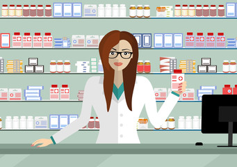 Pharmacist showing some medicine. Pharmaciy. Young woman at the workplace in a pharmacy: standing in front of shelves with medicines. Vector illustration