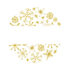 Hand painted Christmas golden snowflakes template. Decorative Snowflakes wreath isolated on white background. Perfect for card, invitation, logo design, etc.