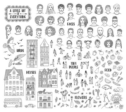 Collection of various hand drawn items, like faces, houses, tiny people, food, and floral elements. Black and white line art