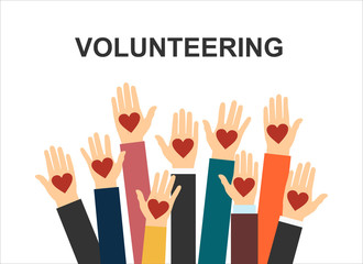 Hands with hearts. Raised hands volunteering vector concept
