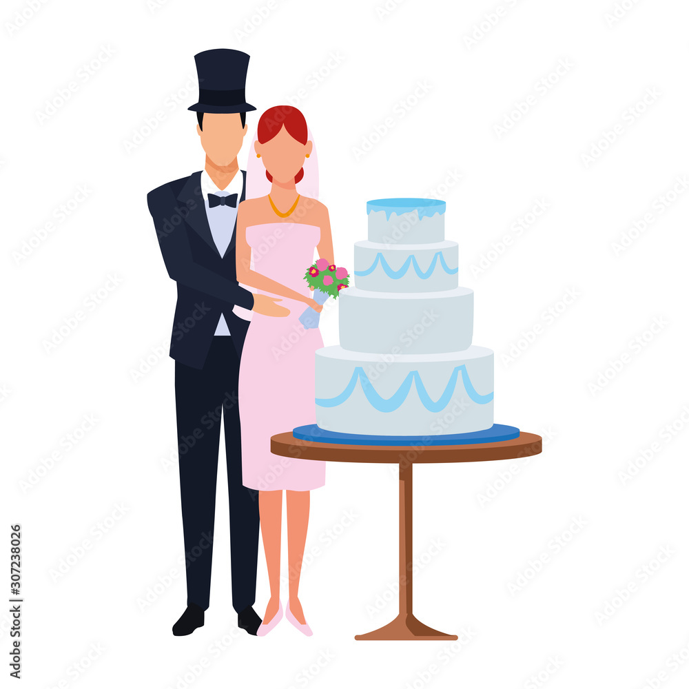 Sticker married couple standing around the wedding cake icon, flat design