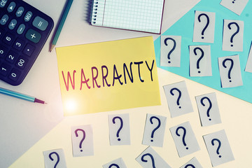 Conceptual hand writing showing Warranty. Concept meaning Free service of repair and maintenance of...