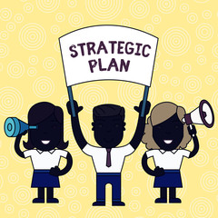 Word writing text Strategic Plan. Business photo showcasing A process of defining strategy and making decisions People with Blank Banner, Megaphone and Spy Glass Peaceful Demonstration