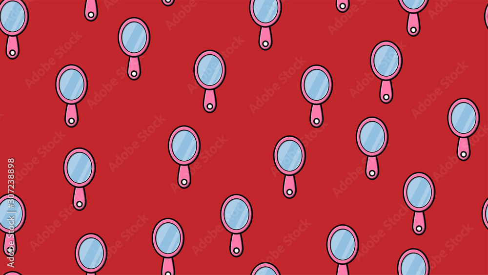 Poster texture seamless pattern cute pink mirror on a red background with a shiny mirror for decoration of 