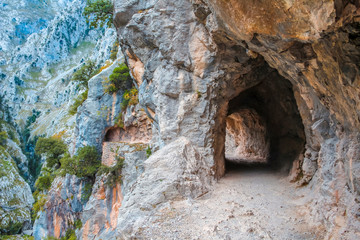 A tunnel on the trail in the Picos de Europa, on the route of Cares. Asturias, vertical photo