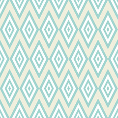 Light blue and white diamonds ikat design. Seamless geometric vector pattern on cream white background. Great for wellness, spa, summer products, fabric, packaging, stationery, texture