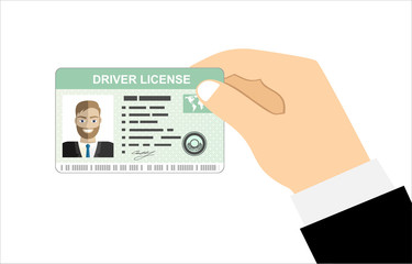 Illustration of hand holding the car driver license identification card with photo. Vector illustration flat design.