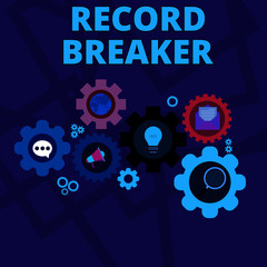 Word writing text Record Breaker. Business photo showcasing someone or something that beats previous best result Set of Global Online Social Networking Icons Inside Colorful Cog Wheel Gear