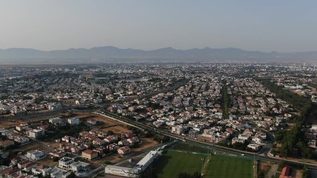 Aerial drone view of flying over Nicosia, Cyprus.