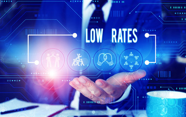 Text sign showing Low Rates. Business photo showcasing A cost of an item or service which is usualy at its smallest price Male human wear formal work suit presenting presentation using smart device