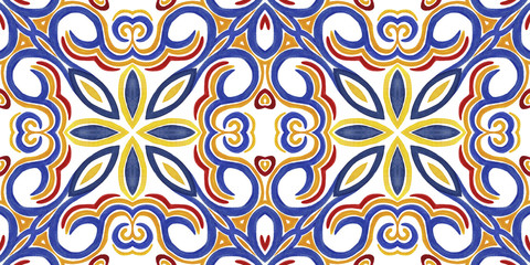 Antique portuguese tiles. Blue Azulejos ceramic. Spanish pottery..Sicily italian majolica. Vintage ethnic background . Mediterranean watercolor seamless wallpaper. Moroccan colored ornaments
