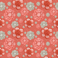 Watercolor Seamless pattern Hobby Crochet flower. Collection of hand drawn coral red, gray colors flowers elements of Crocheting and knitting on red background