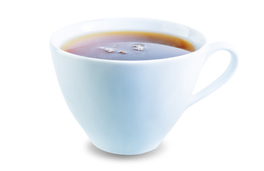 Cup of black tea with lemon on a white isolated background