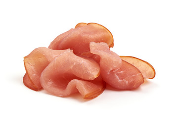 Sliced Smoked Ham sausage, isolated on white background