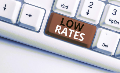 Writing note showing Low Rates. Business concept for A cost of an item or service which is usualy...