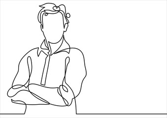 business man in a crossed his arms thinking - continuous line drawing © nikvector