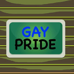 Conceptual hand writing showing Gay Pride. Concept meaning Dignity of an idividual that belongs to either a analysis or woanalysis Board rectangle white frame empty fixed color surface plank