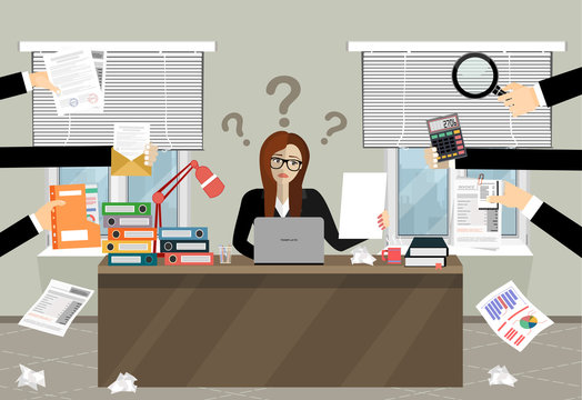 Person at work multitasking, stress in office. Business woman surrounded by hands with office things.