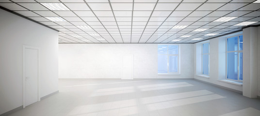 big empty white room office with three windows;3д пустой белый офис с тремя окнами. Комната ярко освещена солнцем и лампами.