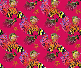 Obraz na płótnie Canvas seamless pattern pink background corals fish