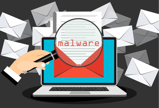 Concept of virus, piracy, hacking and security. Envelope with walware in iaptop. Website banner of e-mail protection, anti-malware software. Flat vector illustration.