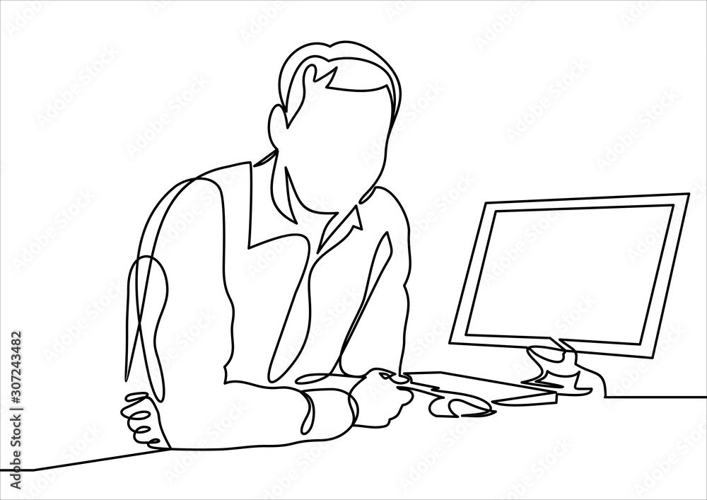 Poster businessman working with computer, business character working in office- continuous line drawing