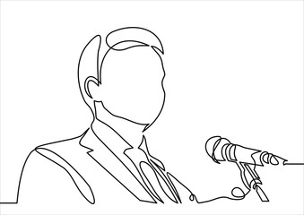 Business conference, business meeting. Man at rostrum in front of audience. Public speaker giving a talk at conference hall- continuous line drawing