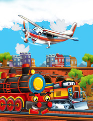 Fototapeta premium Cartoon funny looking steam train on the train station near the city and flying plane - illustration for children