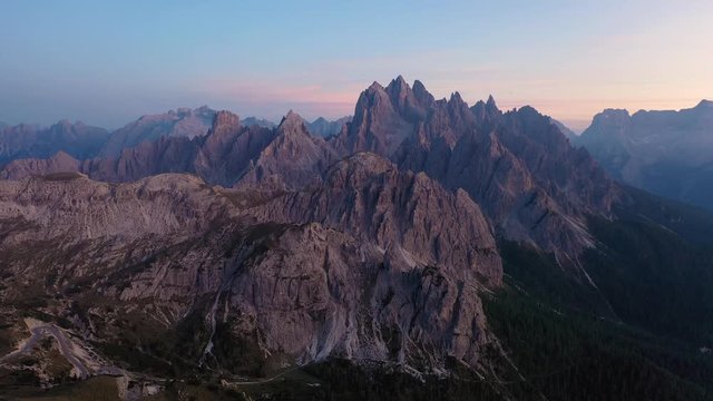 Aerial view on the National Park Tre Cime Di Lavaredo. Italian Dolomiti. camera moves forwards