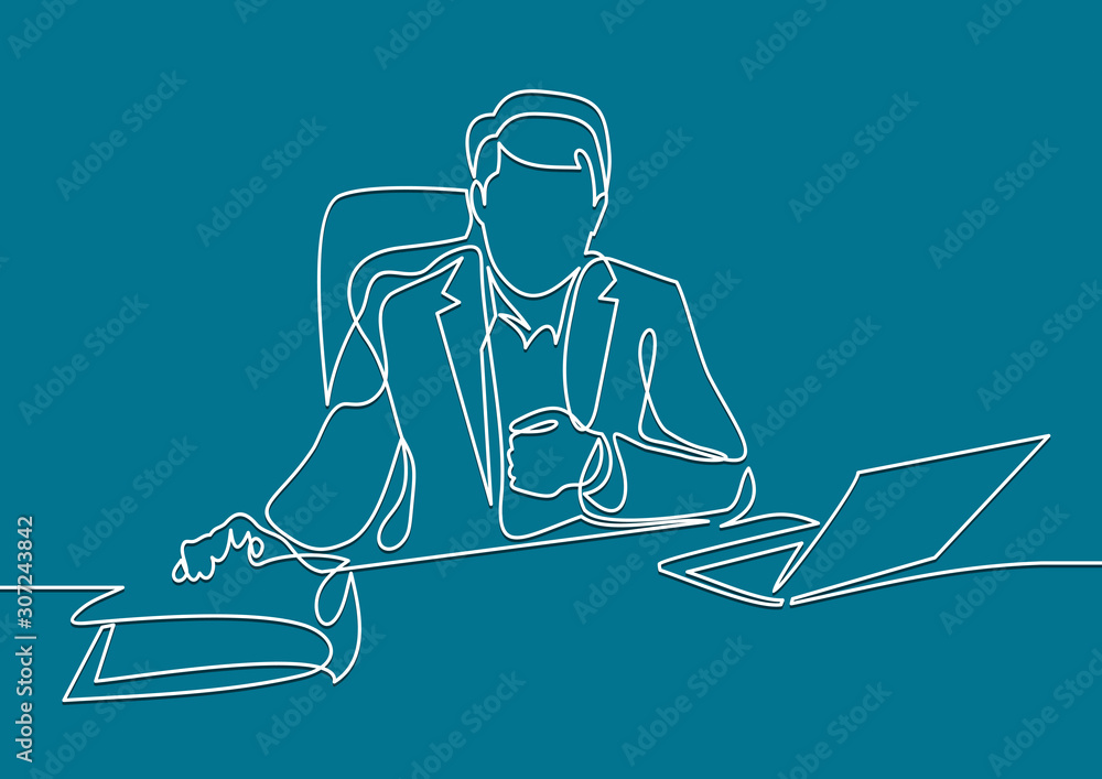 Poster businessman in a suit sitting in a office on a chair at the computer and work with documents- contin