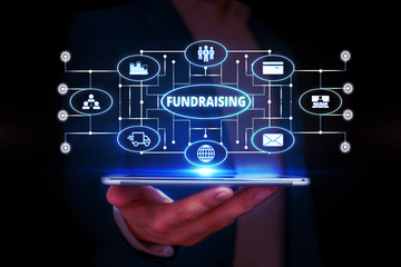 Word writing text Fundraising. Business photo showcasing act of collecting or producing money for a particular purpose Male human wear formal work suit presenting presentation using smart device