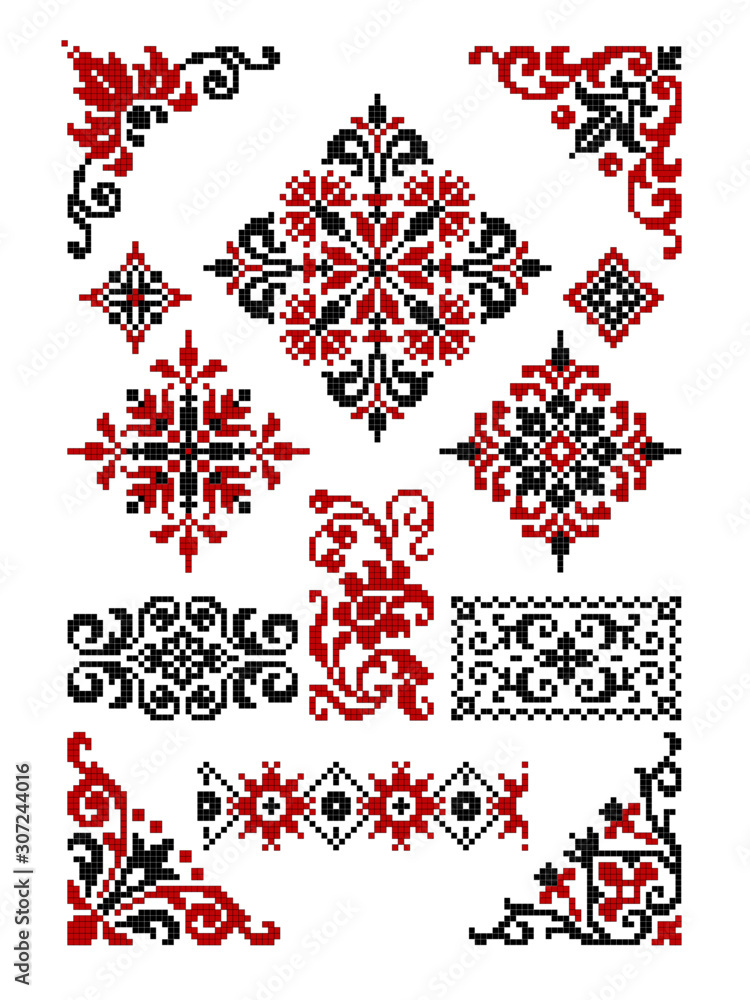Poster vector drawing - set of decorative elements for design in the form of slavic ethnic patterns for emb