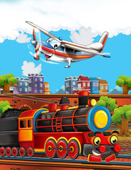 Fototapeta premium Cartoon funny looking steam train on the train station near the city and flying plane - illustration for children