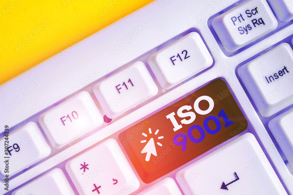 Poster writing note showing iso 9001. business concept for designed help organizations to ensure meet the n
