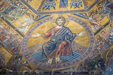 Fragment of ceiling mosaic with scenes of the Last judgment in the Florentine Baptistery of San Giovanni. Florence, Tuscany, Italy