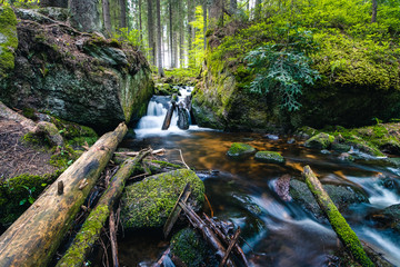 Calmly flowing river over the rocks, in Czech republic, in green forest at beggining of autumn