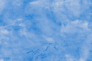 Hand-drawn watercolor abstract background. The texture of the painted wall, splashes, scratches, stains, imitation of a cloudy sky. Primary colors - cyan, white, blue