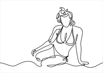 Beautiful woman in bikini sunbathing at the seaside-continuous line drawing